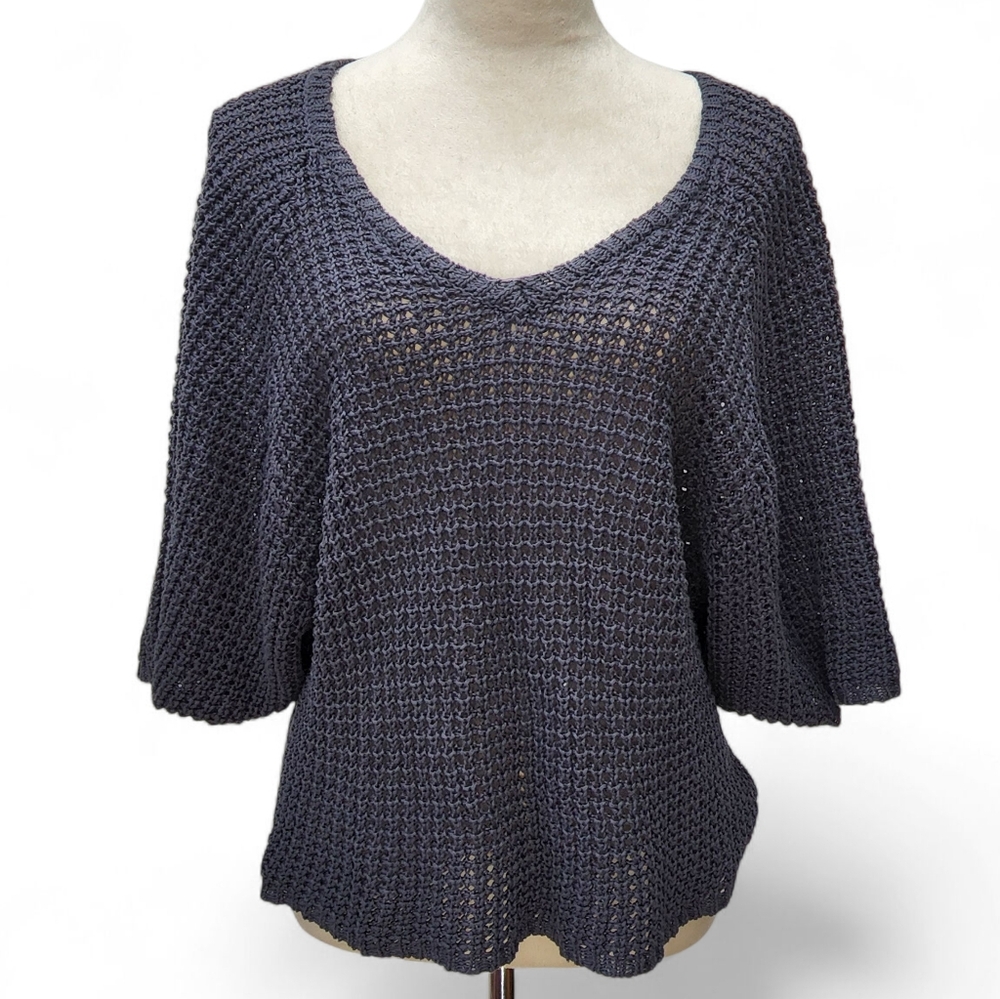 Poetry open knit linen blend sweater Sz 2 Oversized Gray/Blue 3/4 Sleeves